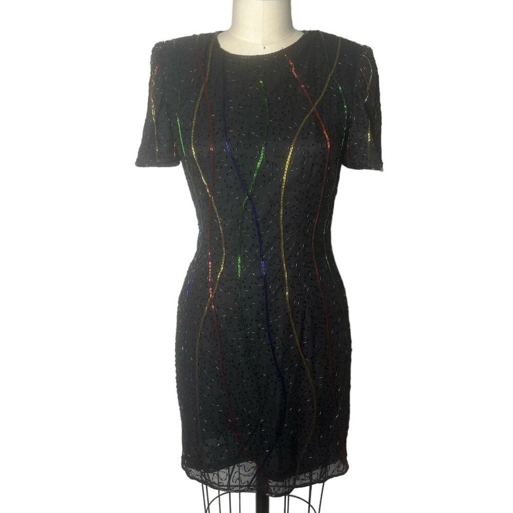 Vintage Styleworks Beaded 80's 100% Silk Shoulder Pad Black Mini Dress Size 4